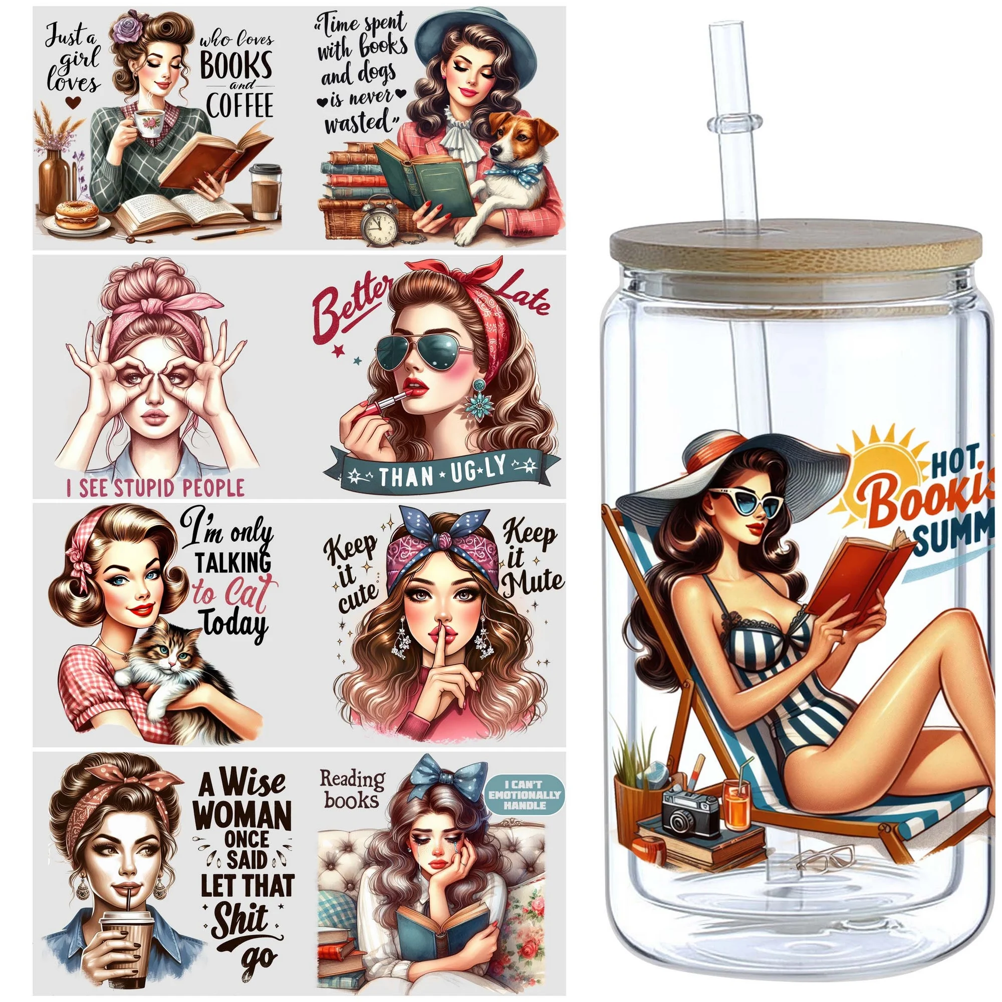 5 Sheets Vintage Feminine UV DTF Tumbler Wrap Transfer Stickers, Holiday, Wipe-On Transfer Stickers for 16oz Glass, Mugs