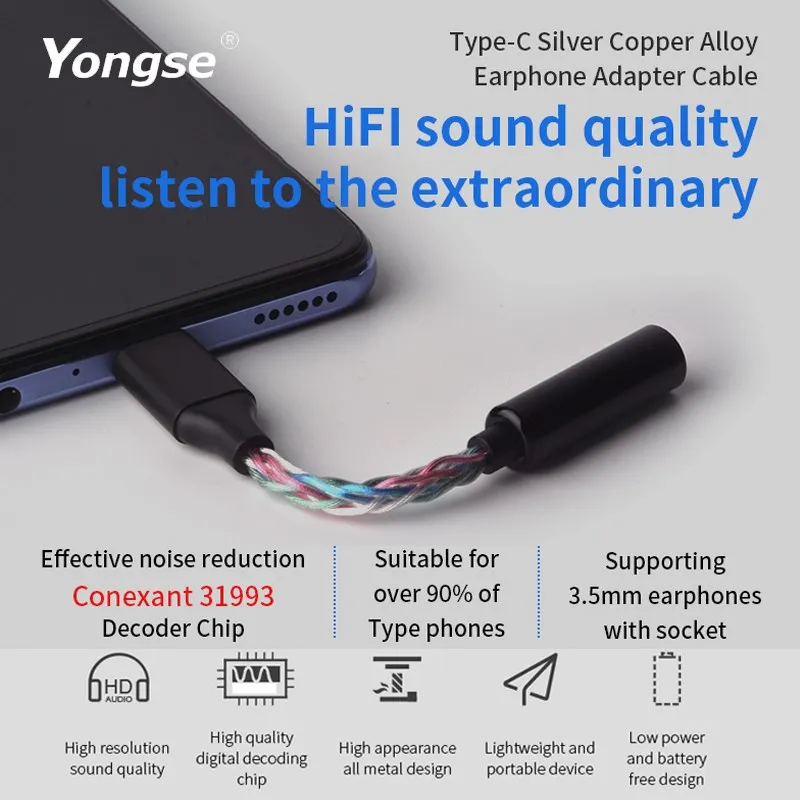 YONGSE Y01 Type C to 3.5mm /4.4mm USB Chip CX31993 CX31988 Earphone Amplifie Digital Decoder Cable OTG Adapter Connector Android