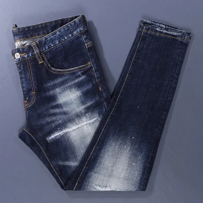Street Designer Fashion Men Jeans Retro Washed Blue Stretch Slim Fit Patched Ripped Jeans Men Brand Vintage Y2K Denim Pants