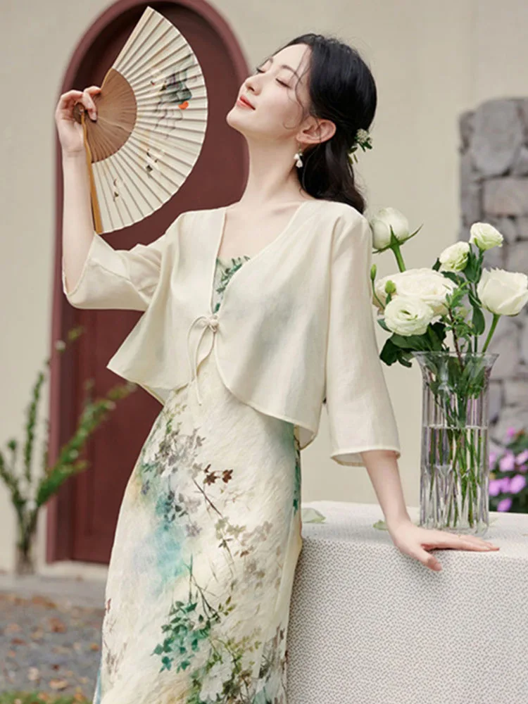 

New Chinese Style Sun Protection Clothing Women's Summer Outerwear with Halter Dress Lightweight Shawl Short Open Cardigan