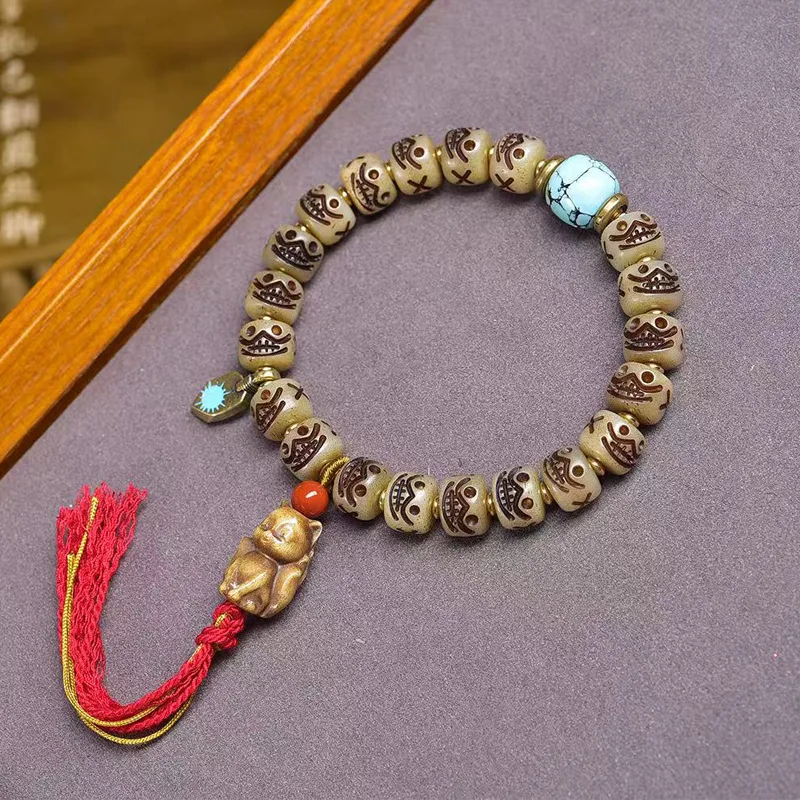 Backflow A Dai Single Circle Tibetan Style Buddhist Beads Turquoise Yak Bone Tassel Accessories Bracelet