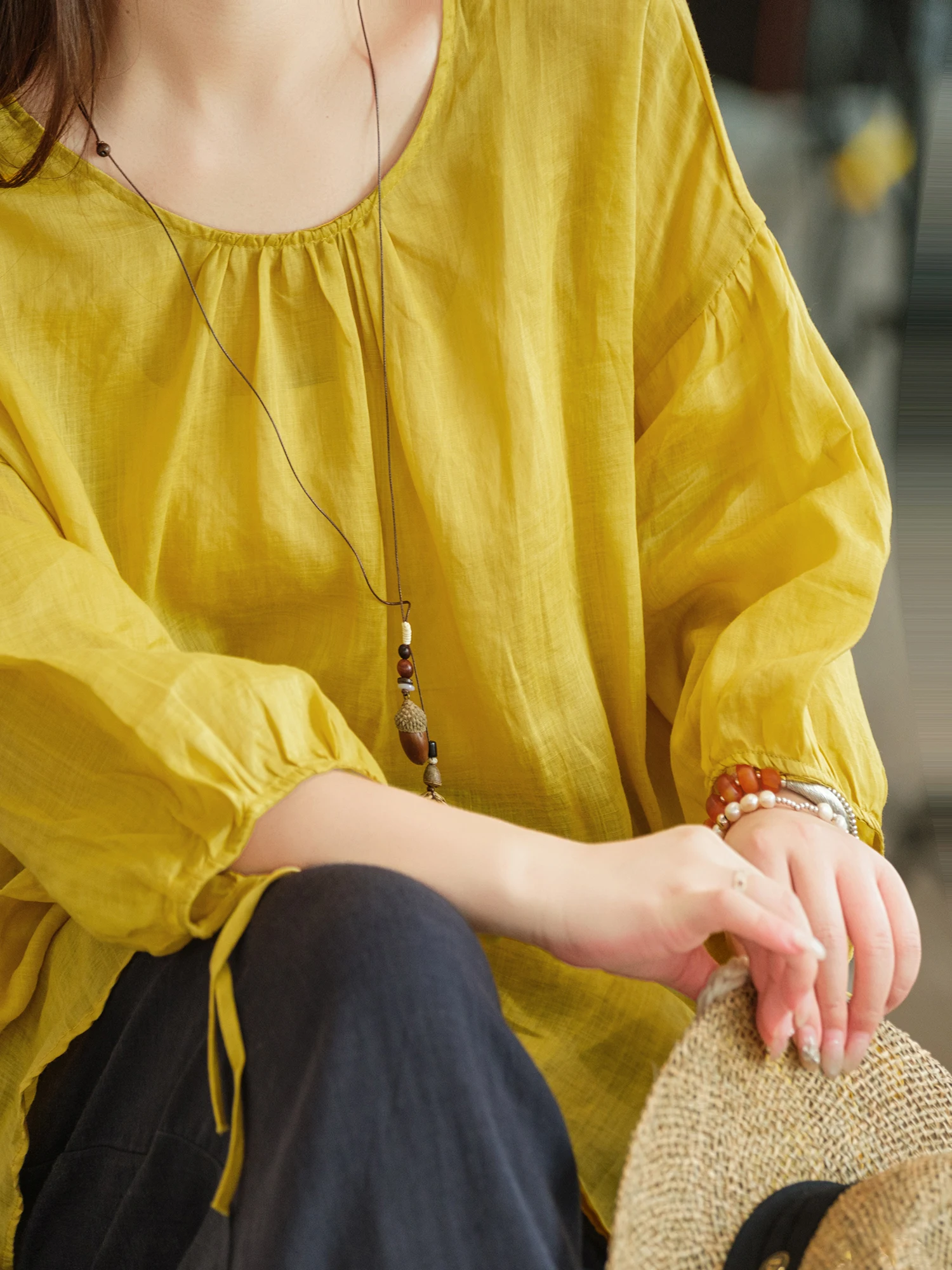 Loose Artistic Style Women's Top with Belt Fine Flax Lantern Sleeve 100% Flax Material Seven-Quarter Sleeve round Neck