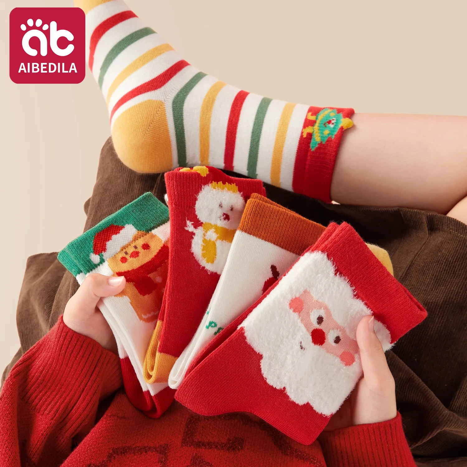 AIBEDILA 5 Pairs Children's Socks Warm Soft Kid Christmas Socks Girls/boys' socks Santa Claus Snowman Print Kids' Mid-Calf Socks
