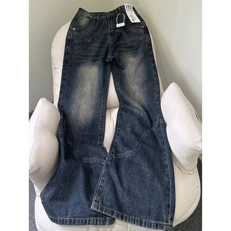 

American Retro Trumpet Denim Pants Women Zipper Pocket Empire Waist Making Old Jeans Fashion High Street Long Pants