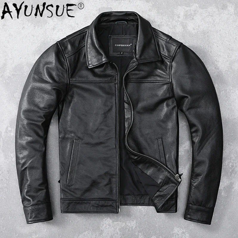 

100% AYUNSUE Genuine Jacket Men Vintage Natural Cowskin Coat Spring Autumn Mens Leather Jackets Cool Chaquetas Hombre