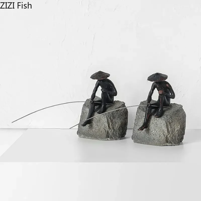 Creative Fishermen Bookends Library Bookshelf Crafts Ornaments Fishing Figure Sculpture Desk Decoration Modern Home Decor