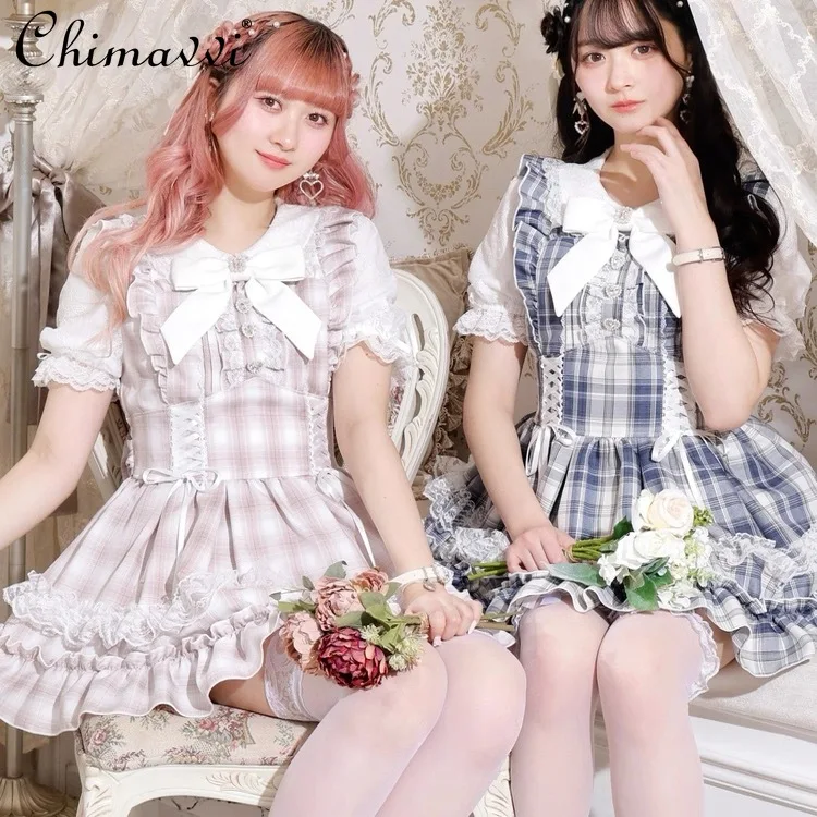 日本の菌柄レースプリンセスドレスセット 2025 夏服 スイートボウ半袖スリムトップ + ショートパンツ ロリータツーピースセット