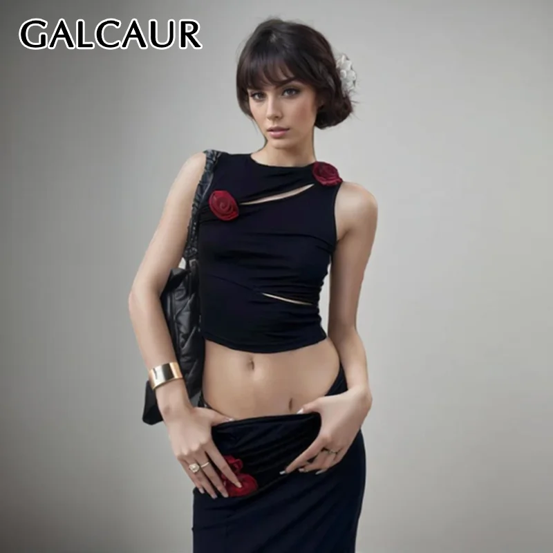 

GALCAUR Solid Slim Hollow Out Vests For Women Round Neck Sleeveless Hollow Out Vest Spliced Appliques Female New Style Clothing