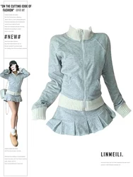 Autumn Women Sporty Suit Korean Fashion Y2k Outfits 2 Piece Set Long Sleeve Stand Collar Sweatshirts + Coquette Gyaru Mini Skirt