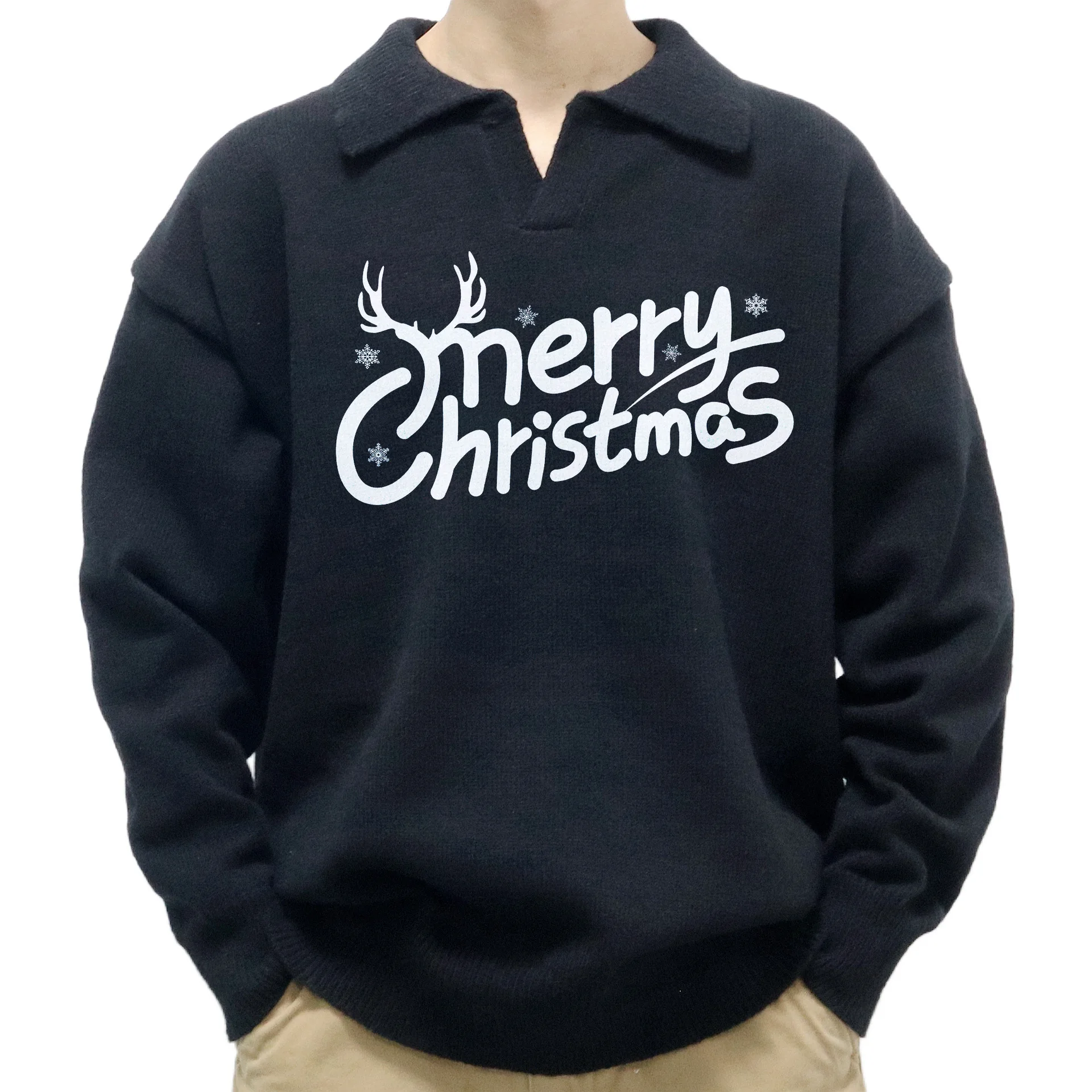 Men's Clothing, European And American Men's Christmas Heat Transfer Casual Knitted Sweater, Autumn And Winter Lapel Pullover SY0