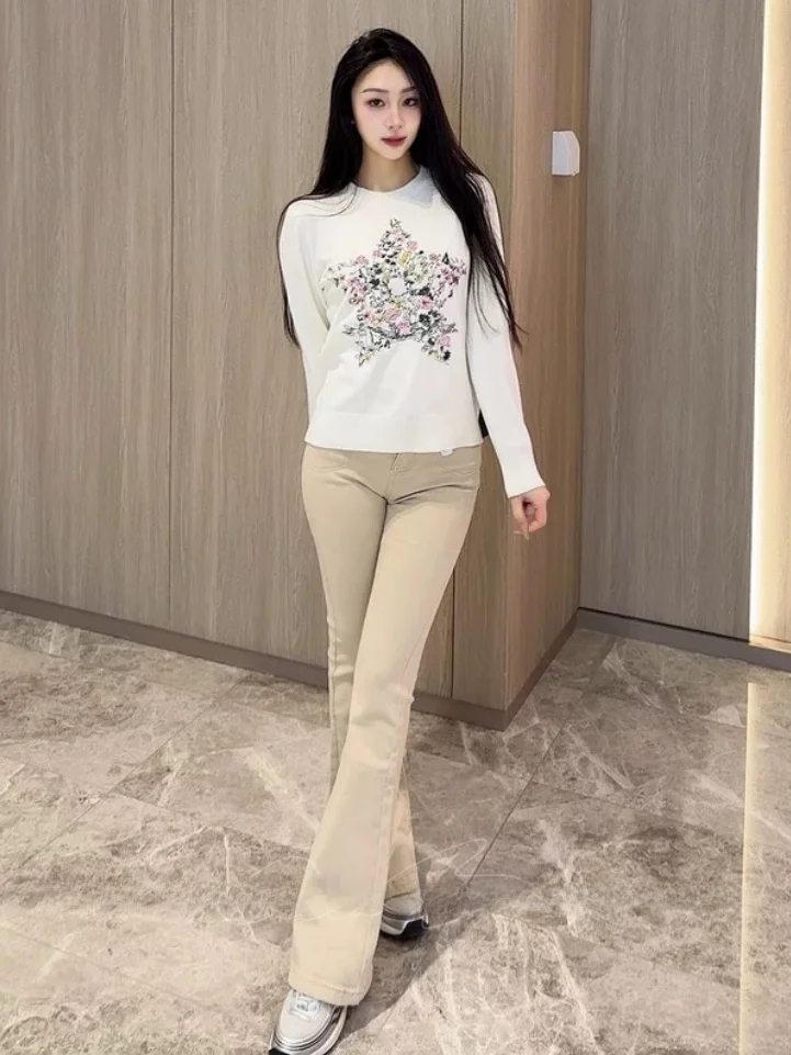 

Повседневные женские джинсы с высокой талией, расклешенные, стройнящие, скрывающие недостатки фигуры, свободного кроя, из хлопкового стрейч-денима, корейский стиль, Hidden Treasure