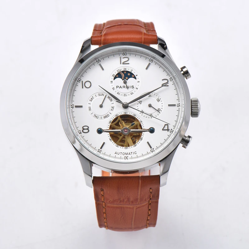 

Fashion Parnis 43mm Silver Case Automatic Men's Watch Leather Strap Moon Phase Calendar Men Mechanical Wristwatches reloj hombre