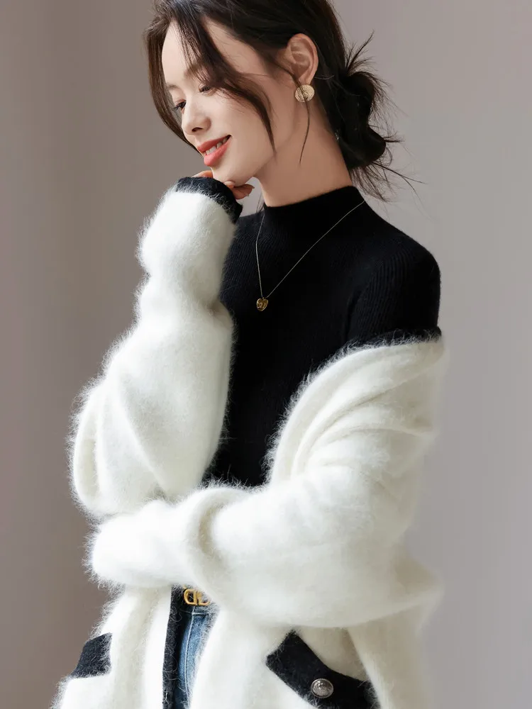 2025 الخريف الشتاء سترة الكشمير المعنقة المرأة عادية الصلبة محبوك القمم التخسيس الياقة المدورة البلوز الأساسية قاعدة كنزة صوف