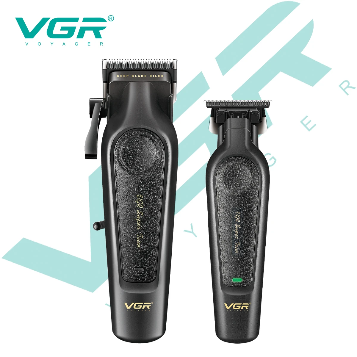 طقم ماكينة قص الشعر الراقية VGR V-197&995 مكون من قطعتين، جسم جلد معدني، مقص دفع كهربائي، شاشة رقمية LED، كارفين برأس زيت