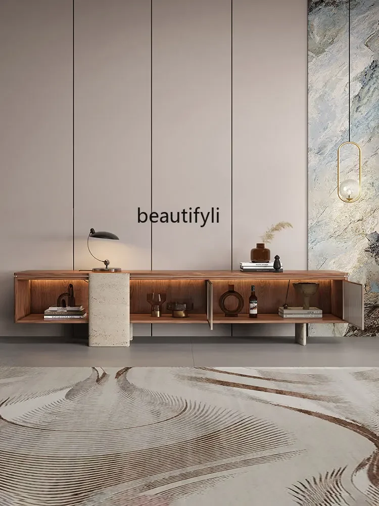 

yj7 Italian minimalist walnut TV cabinet high light luxury marble TV cabinet living room