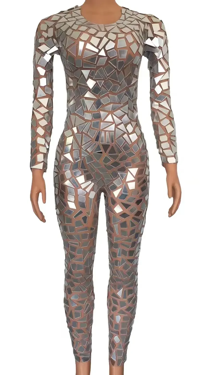 

Sparkly Silver Mirrors Transparent Jumpsuit Women Dance Performance Sexy Costume Birthday Celebrate Bodysuit Leggings