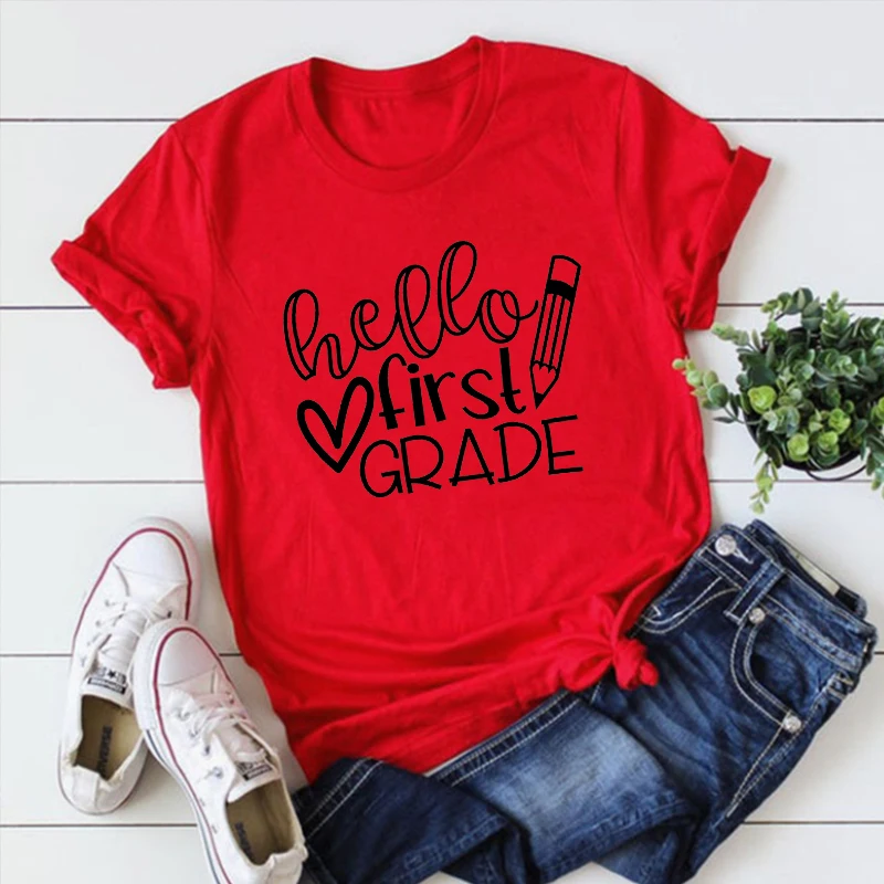 Hello First Grade Shirt Back To School Shirts Teacher Shirt First Grade Teacher Clothing Women First Day of School Shirt L