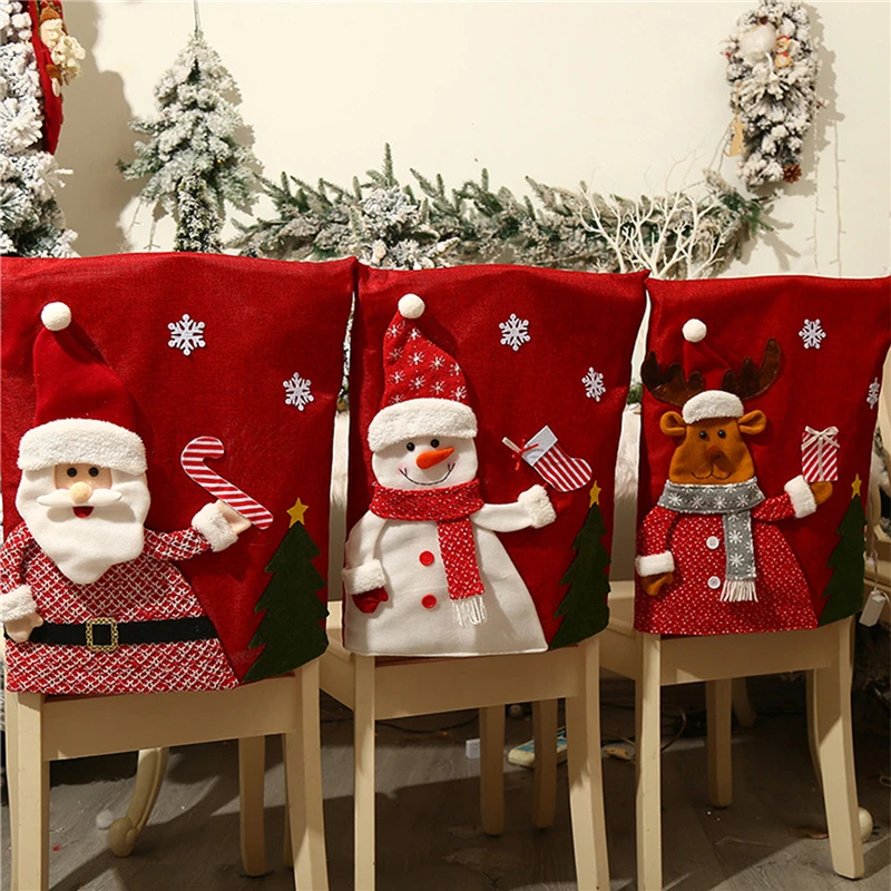 Christmas Chair Cover Dinner Dining Table Santa Claus Snowman Red Cap Ornament Chair Back Covers Christmas Decoration