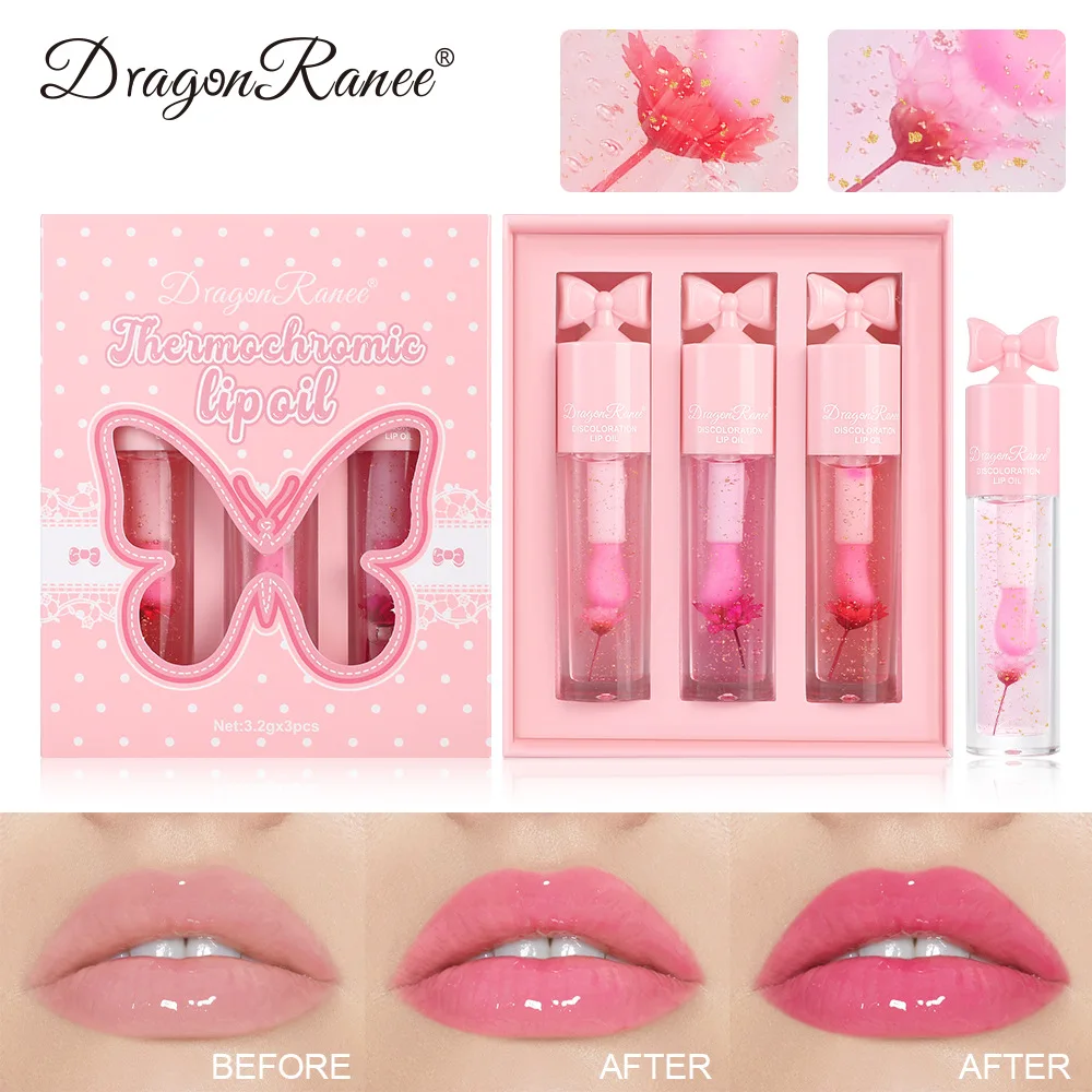 

New 3 Pcs Lip Oil Set Thermochromic Shine Texture Moisturizing Waterproof Easy To Apply Professional Lip Gloss Makeup 3.2ml*3