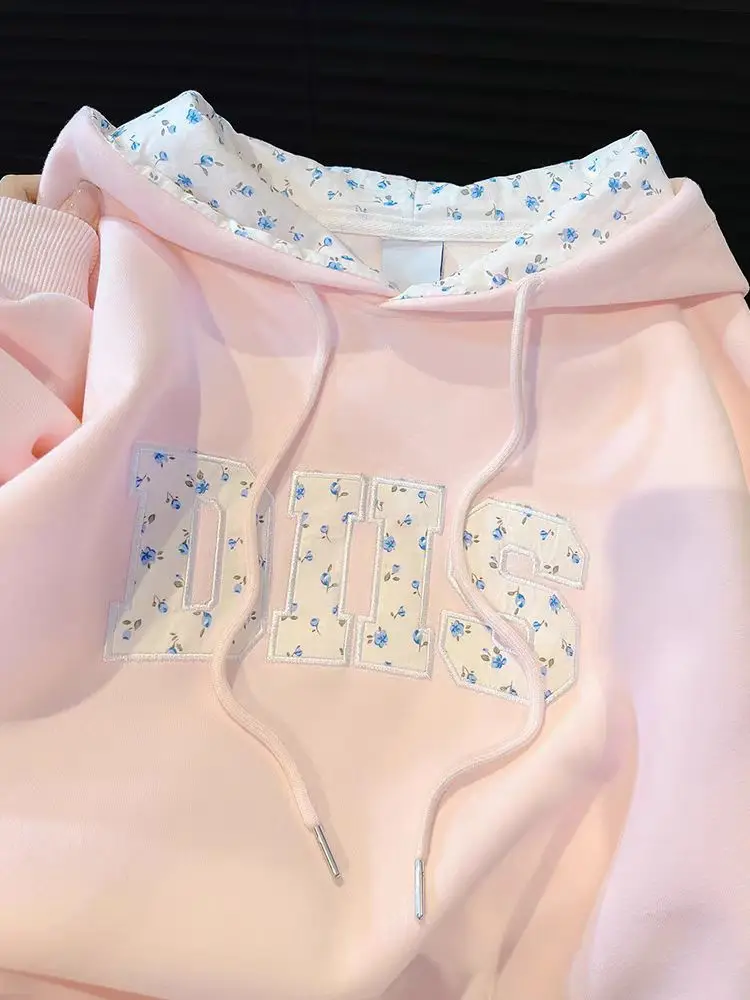 Pink Floral Letter Embroidery Drawstring Hooded Velvet Hoodie Women Sweatshirt Long Sleeve Korean Casual Winter Clothes Women
