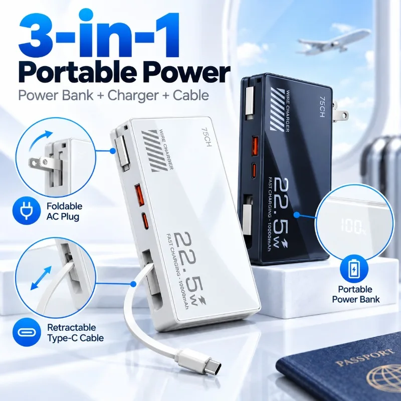 5‑in‑1 Magnetic Wireless Power Bank PD20W Builtin Wall Charger Plug Retractable Cable Portable Fast Charging Mobile Power Supply