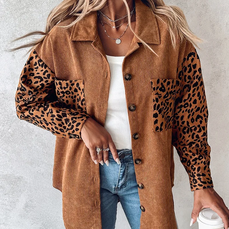 

Women's Clothing Leopard Print Contrast Color Coat Shirt Jacket Shacket Long Sleeve Single Breasted Button Pockets