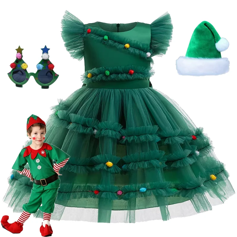 2025 عيد الميلاد فتاة فستان لطيف شجرة عيد الميلاد تول تنورة الأطفال لعب الأدوار ازياء الفتاة كرنفال حفلة الملابس الخضراء #1