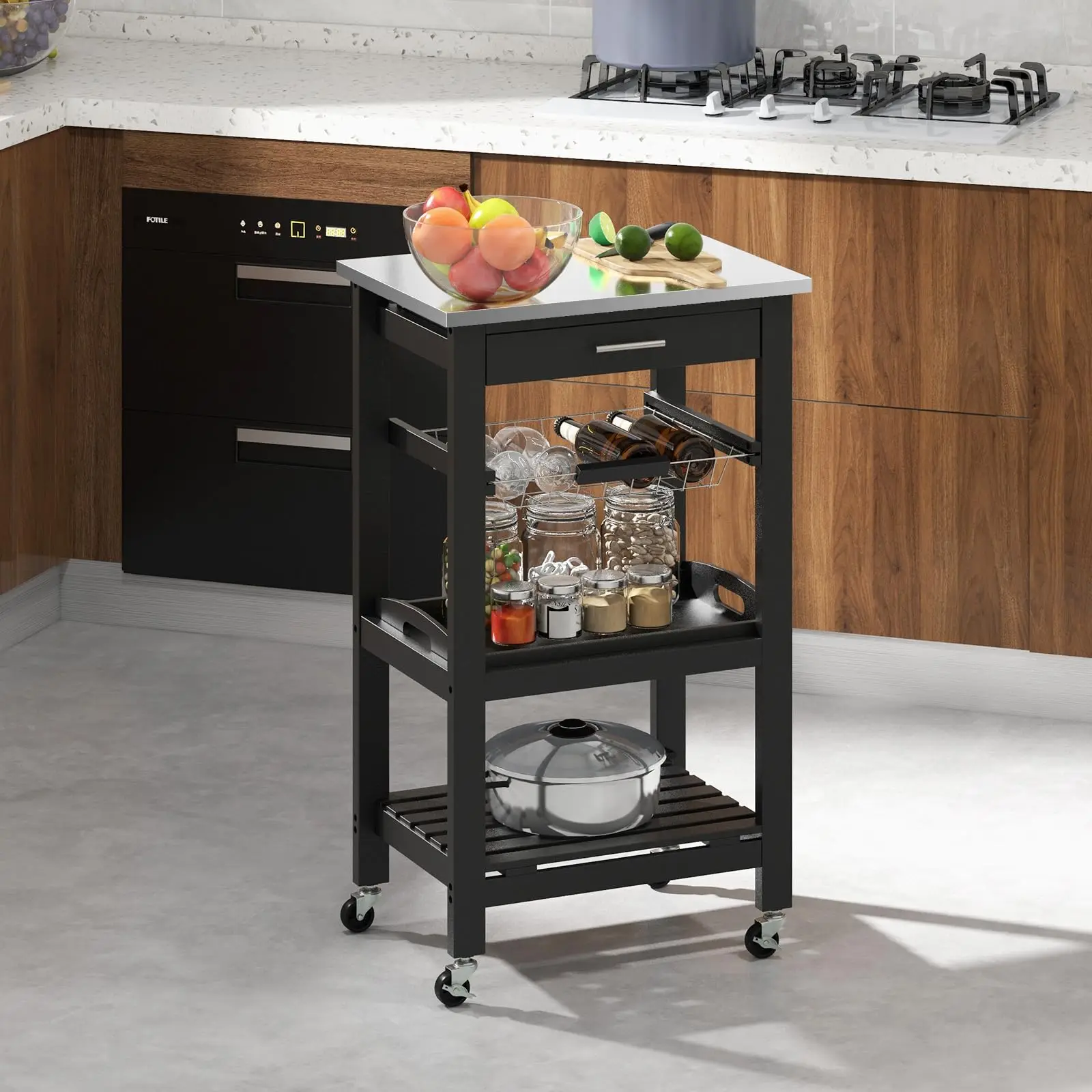 Wooden Small Kitchen Trolley Cart, 4 Tier Rolling Cart with Drawer