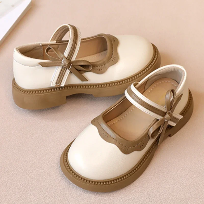 Spring Autumn Girls Princess Leather Shoes Sweet Bowtie Patchwork Kids Causal Mary Jane Shoes Fashion Children\'s Flats Hook Loop