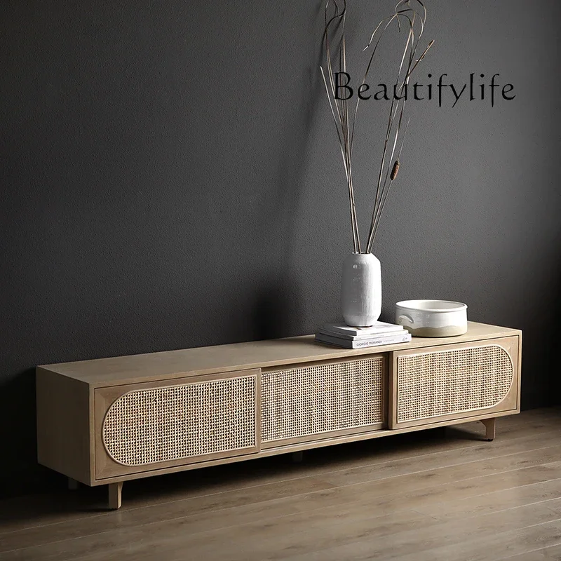 

Nordic Style Solid Wood TV Cabinet Small Apartment Home Retro Rattan Living Room Audiovisual Cabinet
