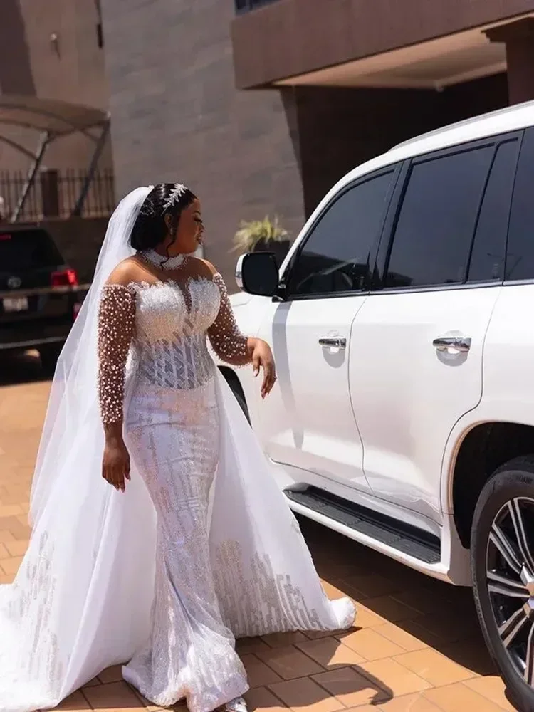 تخصيص أفضل تصميم الرقبة العالية تسلق الخرز الكامل حورية البحر فساتين الزفاف مع تنورة طويلة الأكمام فساتين الزفاف Vestido #1