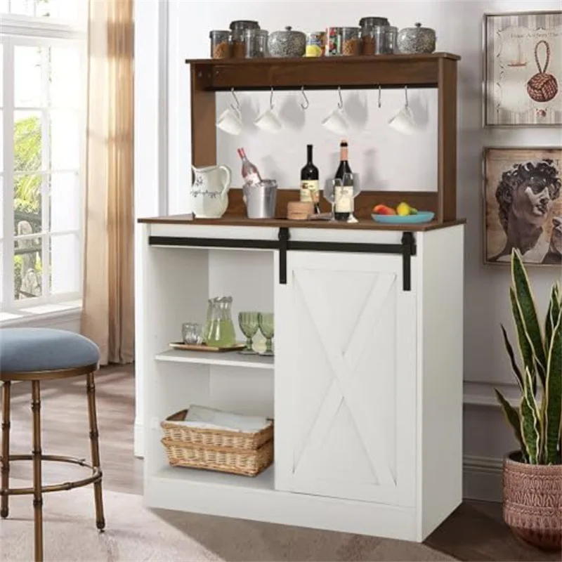 

Brand new 50 inch white 6 hook farmhouse coffee bar counter with sliding barn door