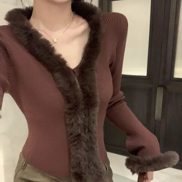 Elegant V-neck Patchwork Fluffy Knitted Cardigan Early Autumn New Sweaters Coat Women Y2k Slim Fit Long Sleeve Tops 