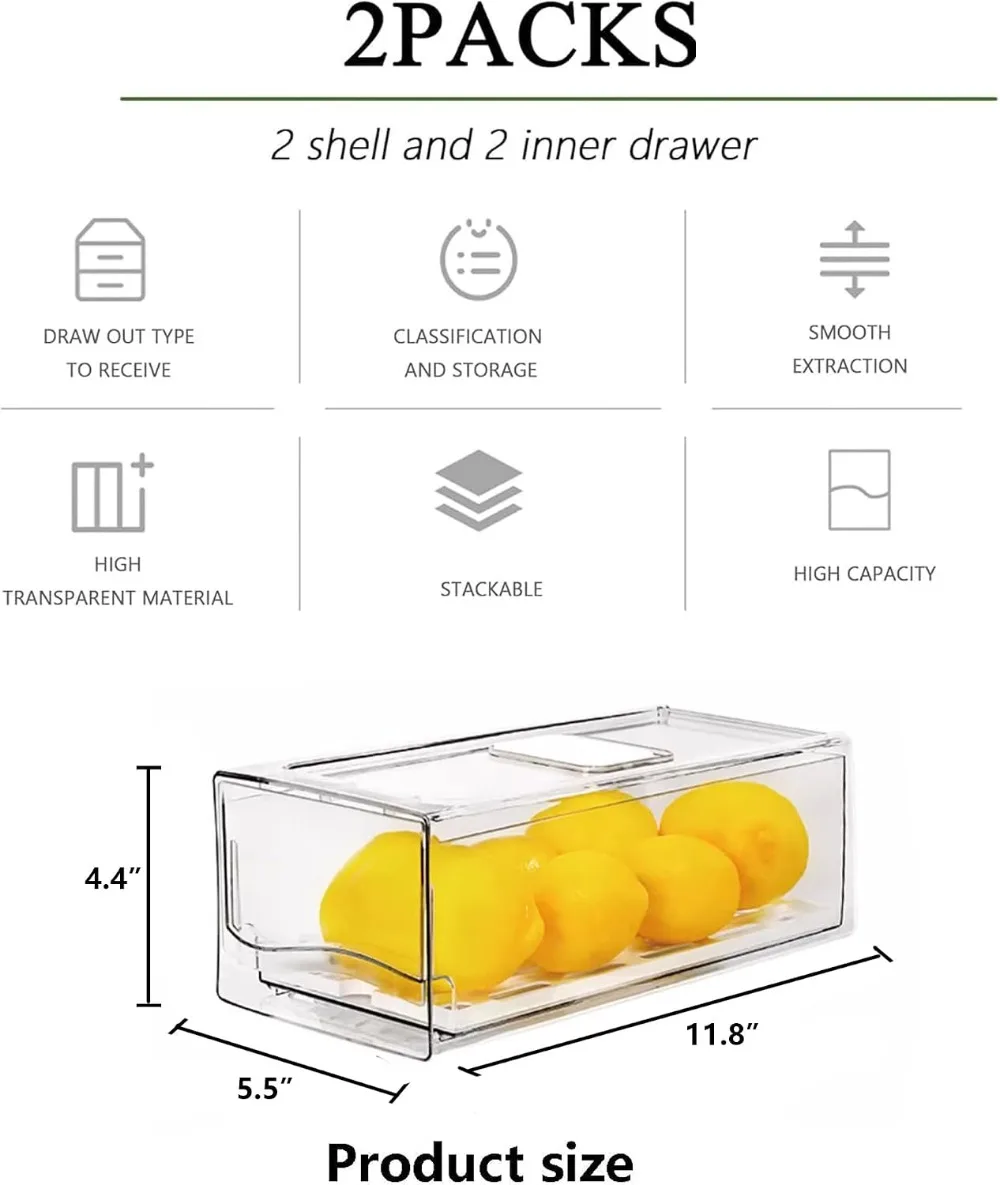 BPA-Free Fruit Storage Containers for Fridge with Strainer, Stackable Clear Pull Out Drawer, 2 Pack