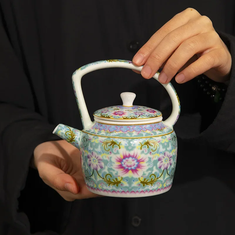 Enamel Colorful Flower Tea Set Household Retro Ceramic Lifting Kettle Tea Cup One Pot Four Cups Dry Brew Teapot Kungfu Gift Set