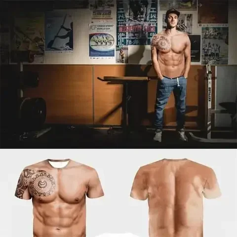 Muskel-3D-T-Shirt mit Muskel-Tattoo-Print für Sommer-Strandurlaub, Herren-Kurzarm-T-Shirt mit 3D-Digitaldruck, lässige Oberteile – Detail 3
