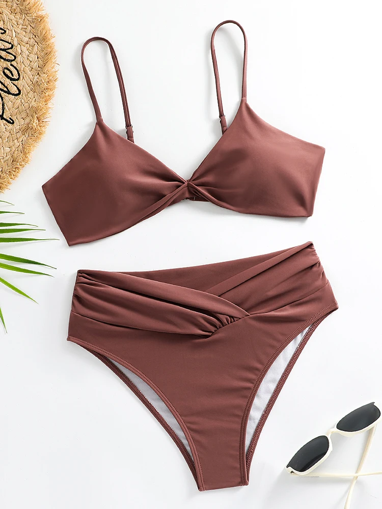 Bikini traje de baño de cintura alta para mujer, traje de baño 2025, nuevo conjunto de Bikinis con tirantes sólidos, traje de baño Sexy con Tanga, traje de baño femenino de dos piezas para playa de verano