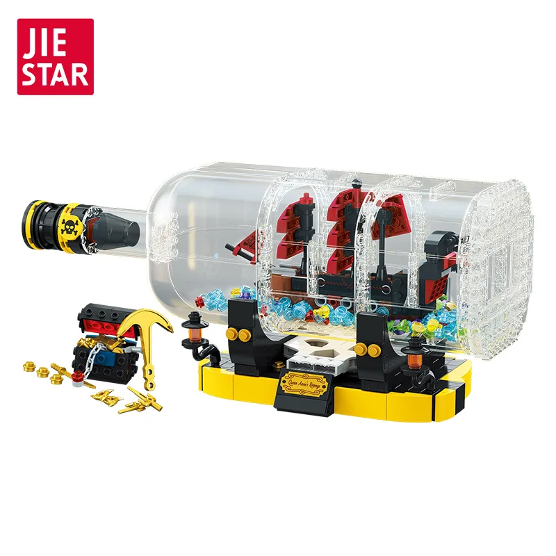 JIE STAR Pirate Ship Building Blocks DIY Assembly Model Bottle Ship Educational Toy for Adults