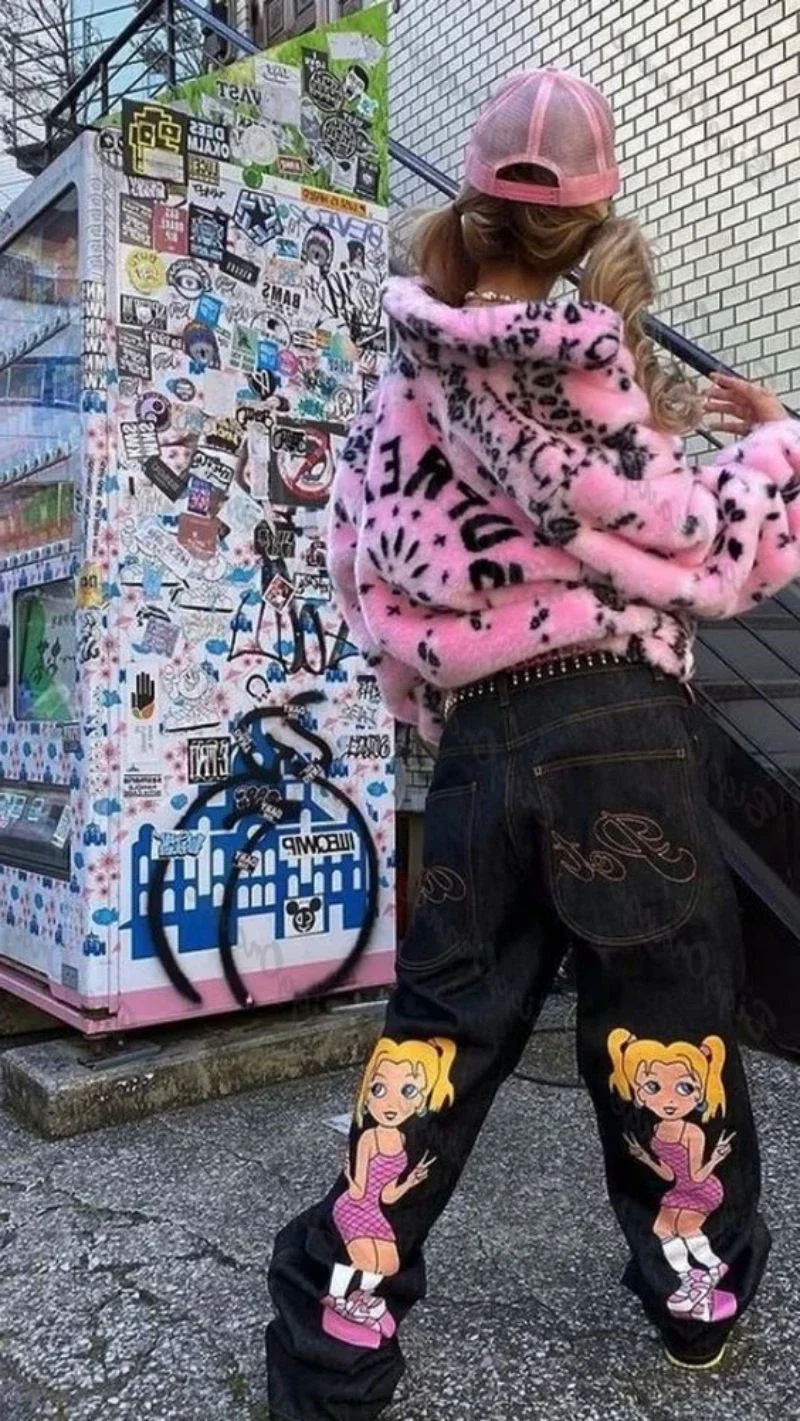 Pantalones vaqueros con estampado de doble cola de caballo para mujer, pantalón holgado de pierna recta y pierna ancha, estilo Harajuku gótico, Y2k