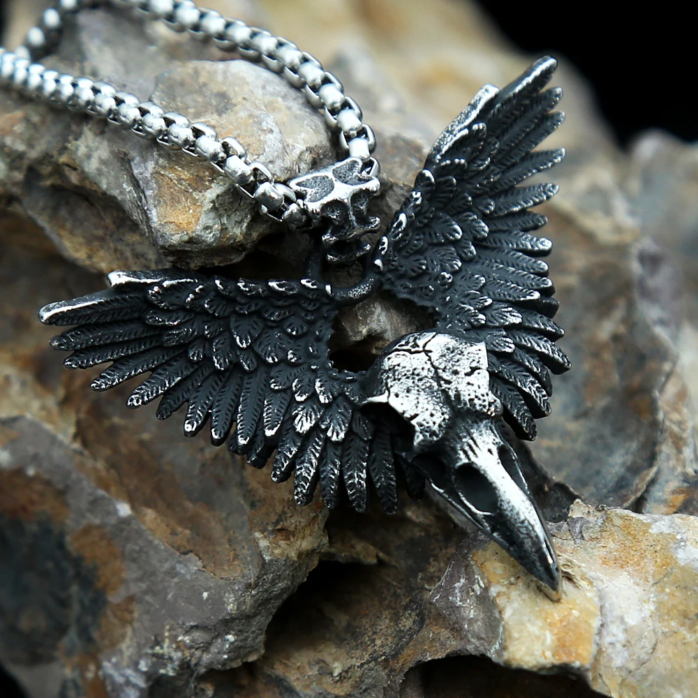 Punk Vintage Raven Skull Pendant Black Stainless Steel Wing Necklace Men Biker Unique Animal Amulet Jewelry Gifts Dropshipping