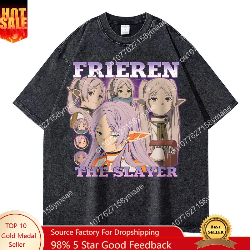 

Anime Frieren at the Funeral T Shirt Vintage Washed Sousou no Frieren T-shirts Streetwear Manga Short Sleeve Tops Tees Men Girl