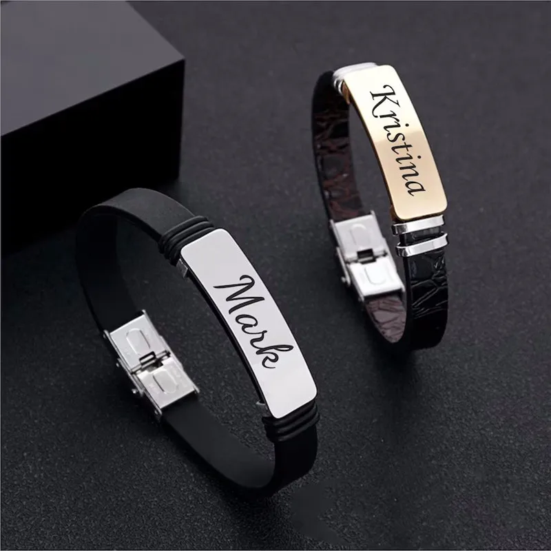 

Customize Engraved Bracelet Charm Silicon Stainless Steel Bracelet with Any Name Date ID Men's Personalised Jewelry Gift For Him