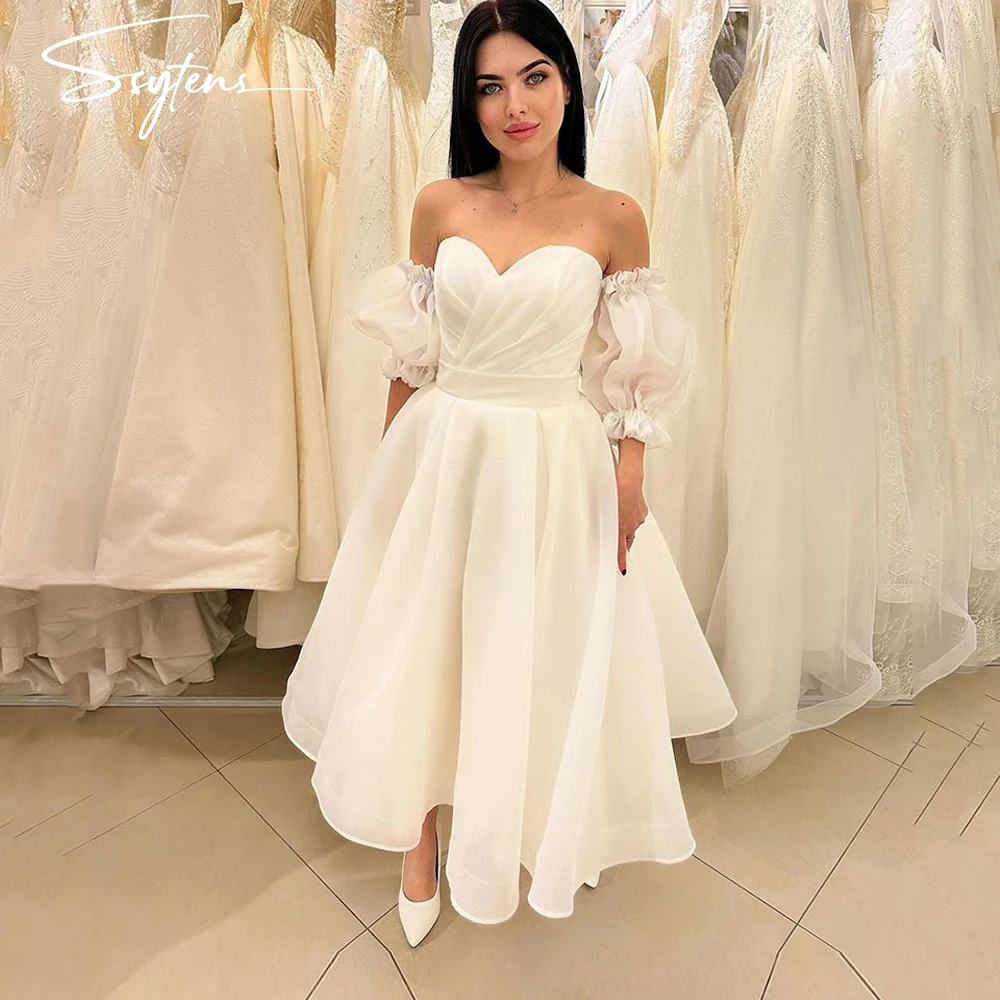 

Elegant Ivory Midi Wedding Dress Short Sweetheart Short Sleeves A Line Bridal Gown Brides Women Reception Wedding Party Dress