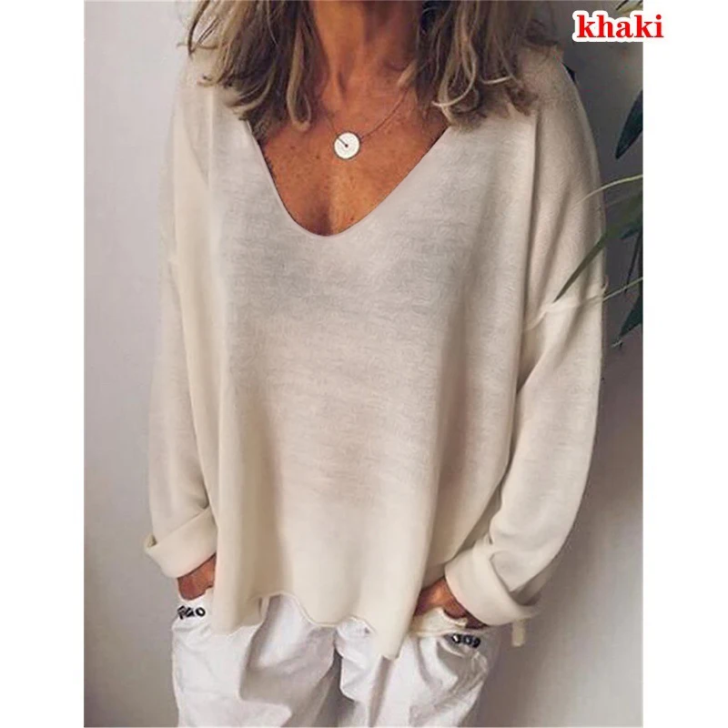 Fashion Summer New Women T-Shirt Solid Color Casual Versatile  Loose Tops V-Neck Blouses Long Sleeve Shirt Perspective Y2K Tops