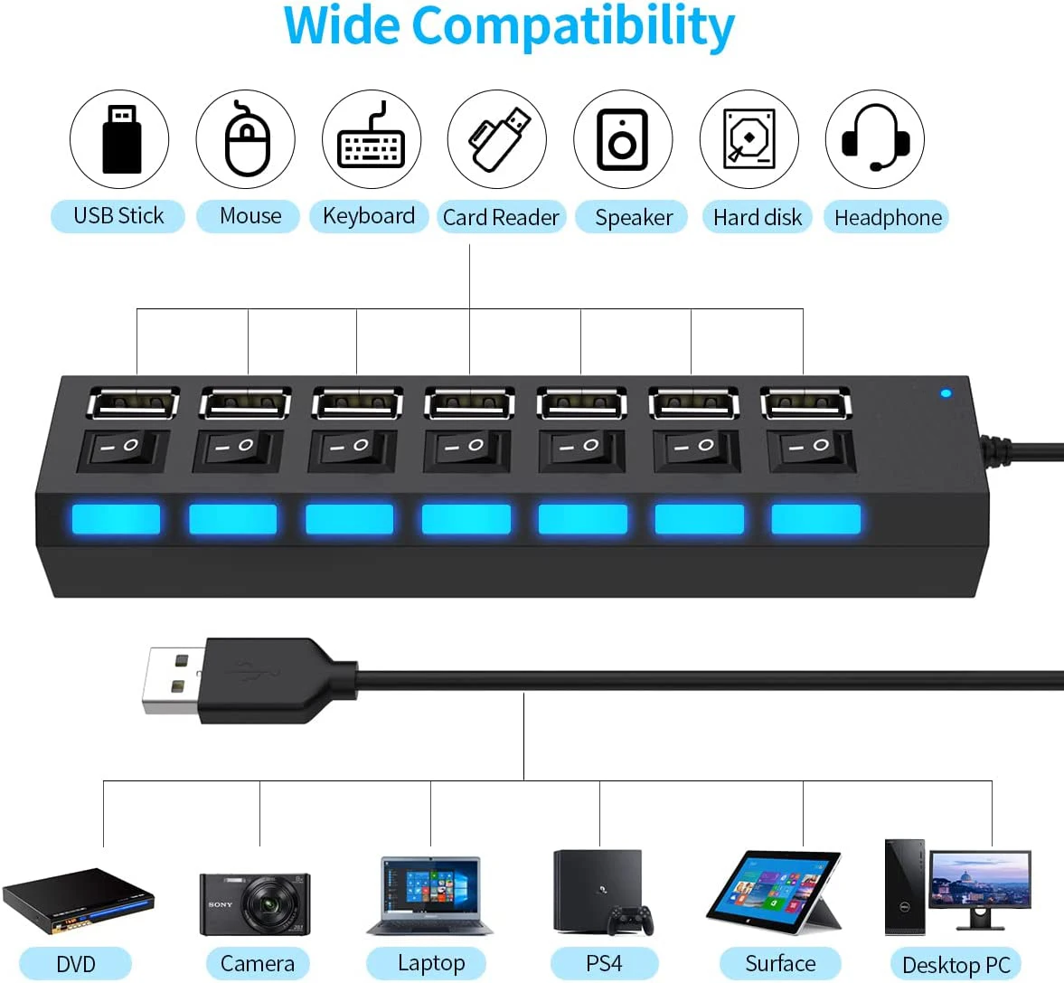 Hub USB com interruptor para computador PC, multi divisor, adaptador de energia, 7 portas expansor múltiplo, USB 3.0 Hub