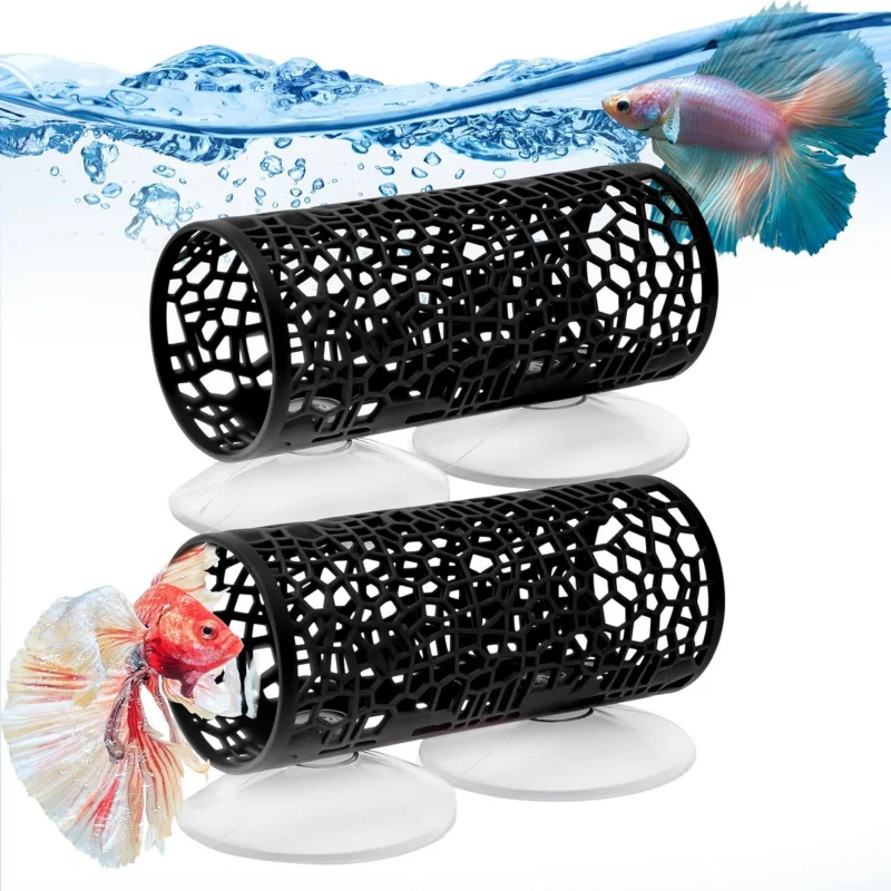 

【2 Pcs Aquarium Decor Betta Tunnel】Fish Hideout Cave with Interactive Toys, Decorative Ornament for Fish Tank Habitat
