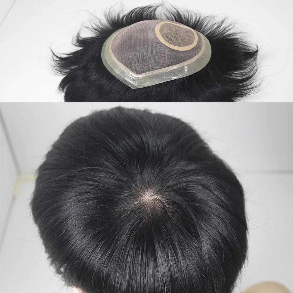 15x17 سنتيمتر الشعر المستعار الإنسان غرامة قاعدة الحرير أحادية مع بو الشعر المستعار # 1B 5 بوصة للرجال وحدة أنظمة الاستبدال شعر مستعار لآسيا