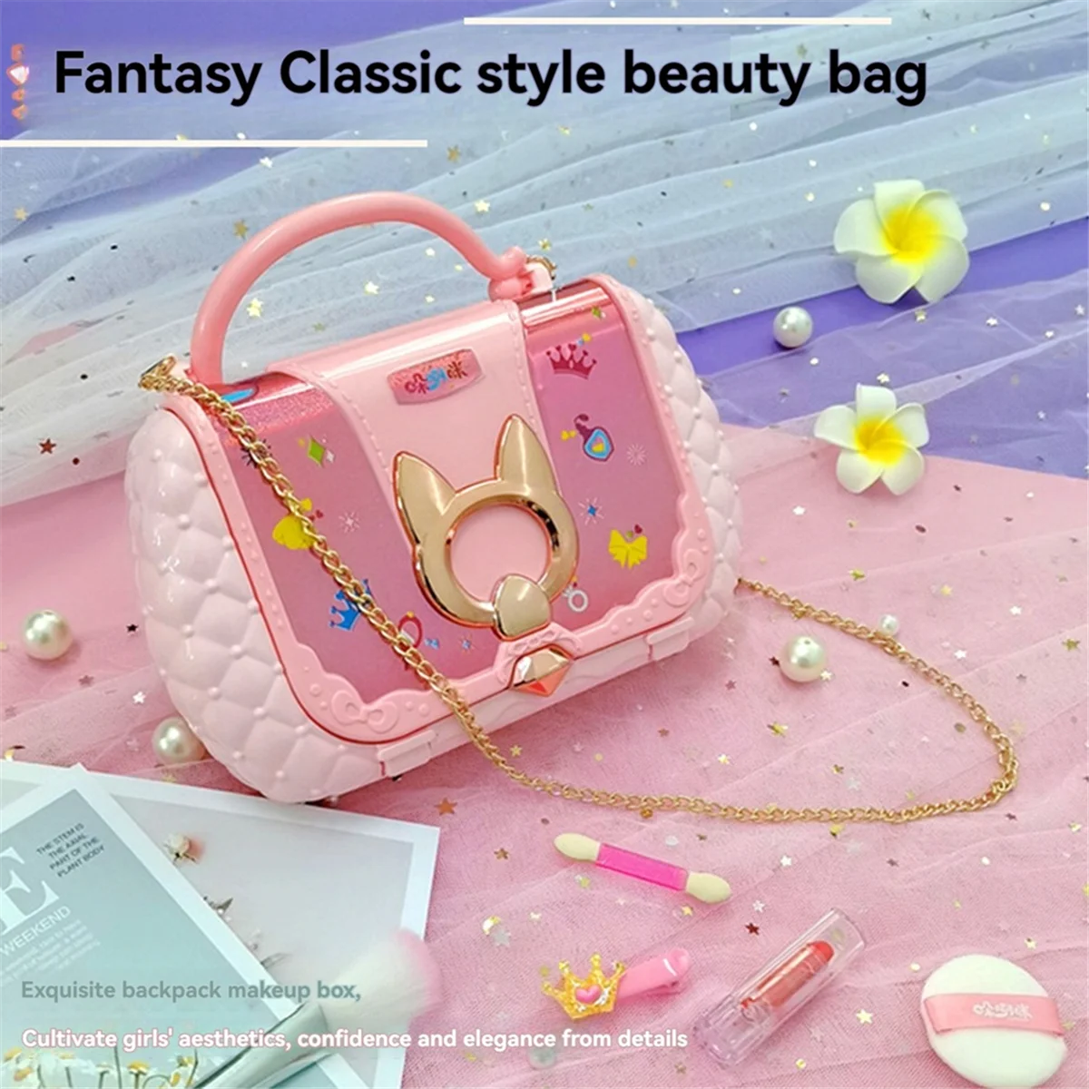 Kids Beauty Toys Makeup Kit Little Bag Washable Pretend Play Cosmetic Set Toys with Mirror Non-Toxic & Safe