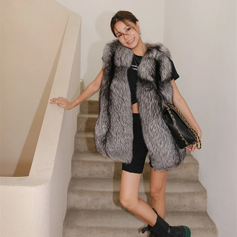 New Fashion Silver Fox Fur Jacket Women V-neck Black Real Natural Fox Whole Skin Fur Winter Thick Soft  Warm Fox Fur Vest