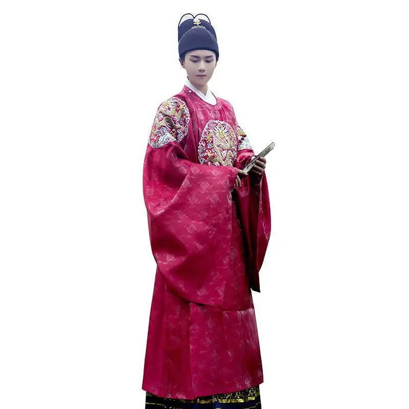 Hanfu men\'s Ming Dynasty dragon embroidered round neck gown Couple style red can be used as Chinese wedding dress men\'s banquet